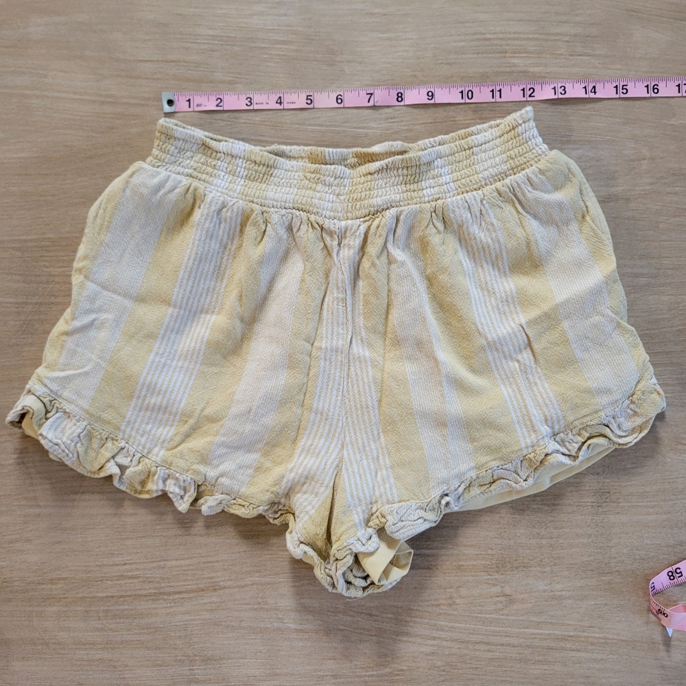 American Eagle Yellow Striped Linen Ruffle Pull On Shorts Boho Summer Medium